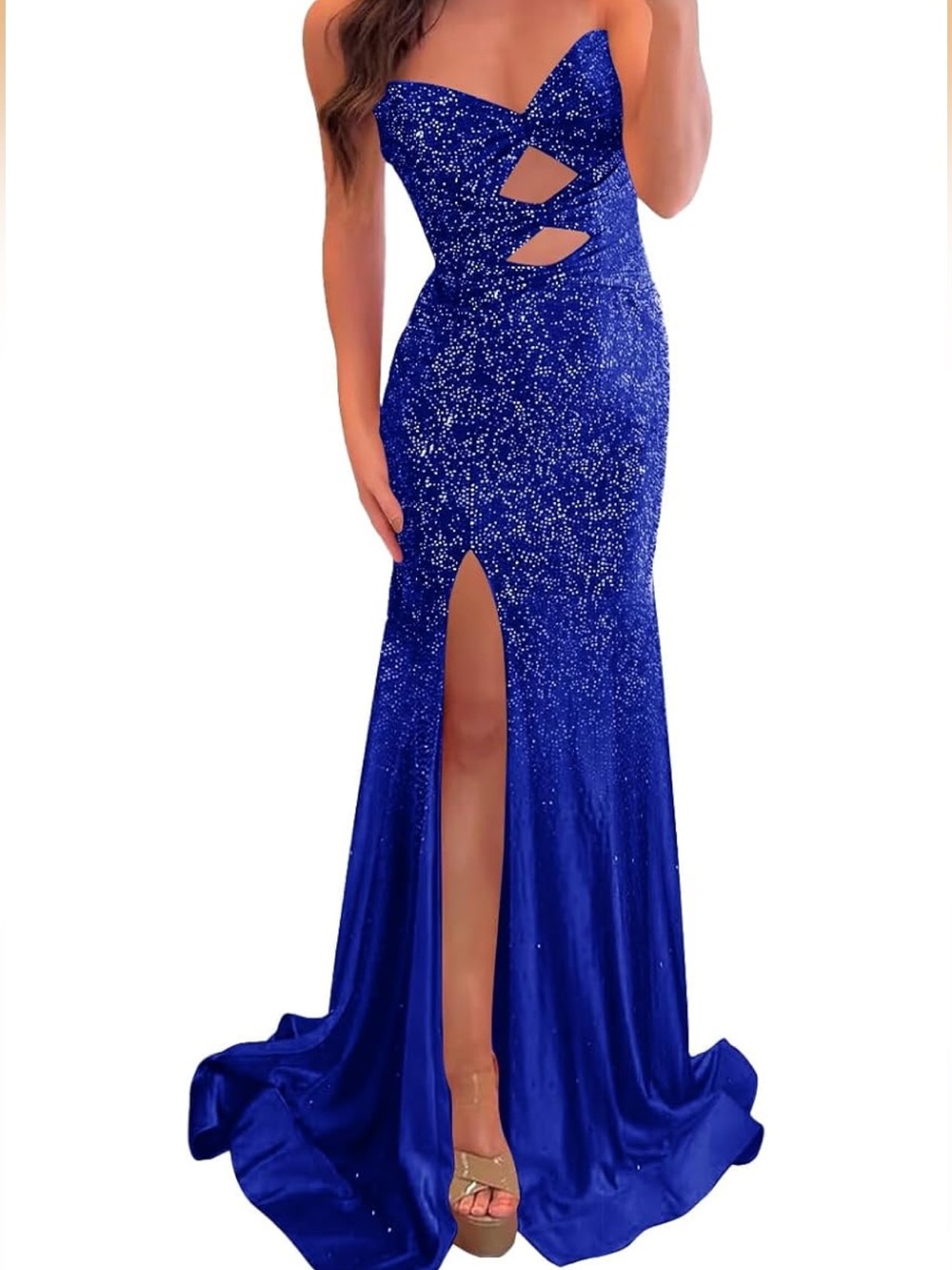Royal Blue Sequin Strapless Cutout Evening Gown